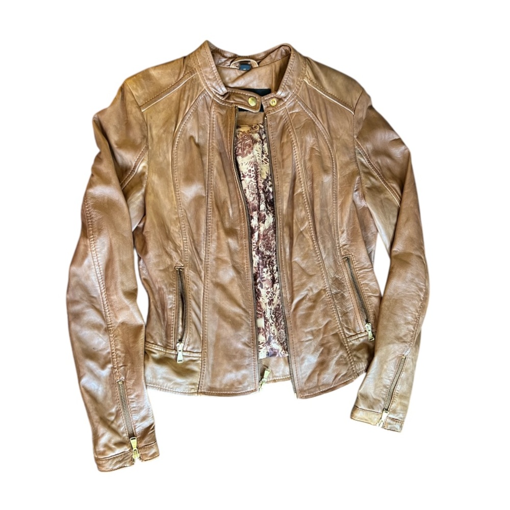 Vintage Guess Genuine Lambskin Leather Cropped Moto Jacket in Whiskey Medium